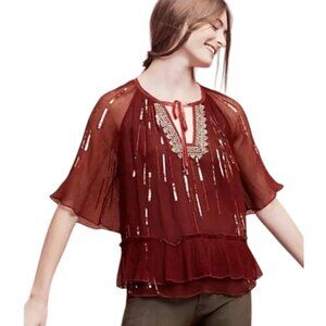 Anthropologie Floreat Canales Burgundy Sheer Beaded Tiered Blouse